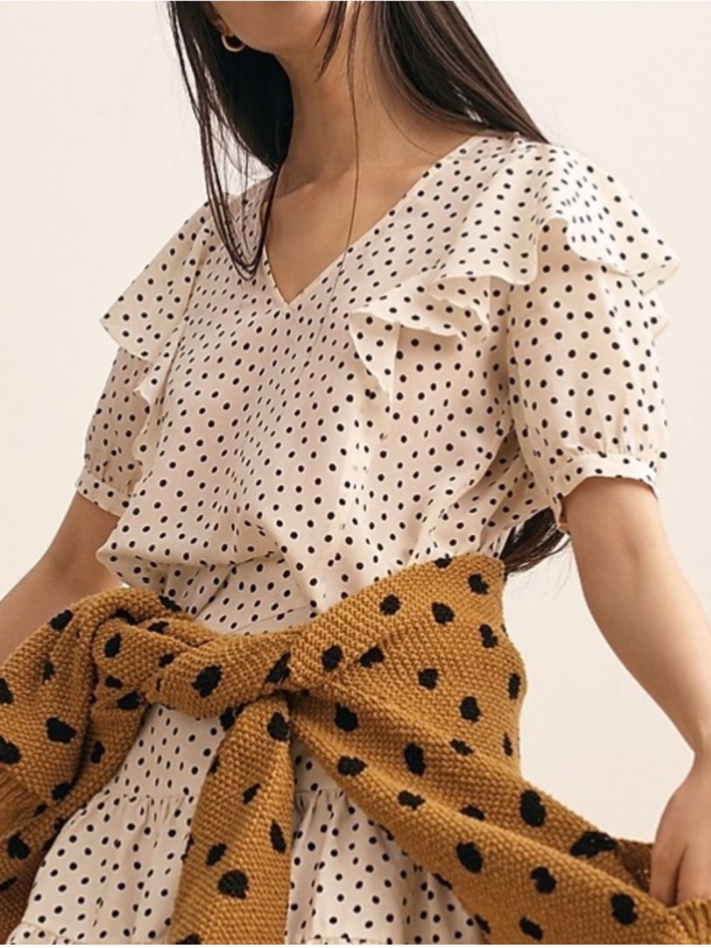 Madewell Silk Polka Dot V-Neck Ruffle Sleeve Top - Cream/Black